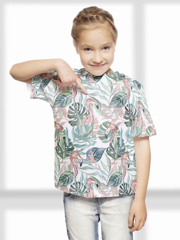 camiseta para niños con diseño de estampado con motivo de flamencos y palmeras