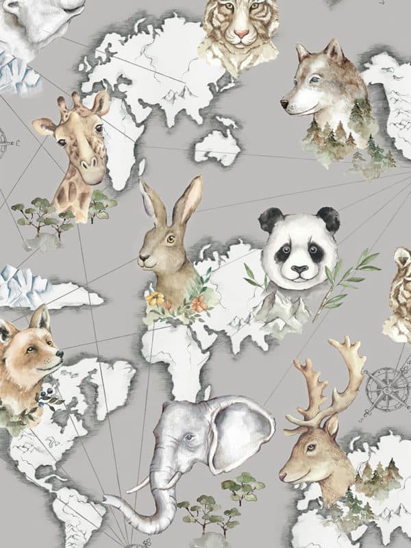 estampado para descargar con motivo de mapa del mundo y animales para niños